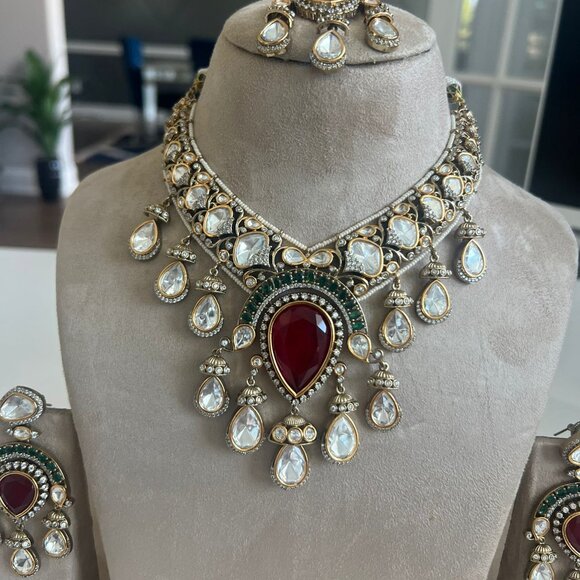 Victorian Polki Kundan Choker Necklace Set | Ruby Emerald Wedding Jewelry - Picture 6 of 15